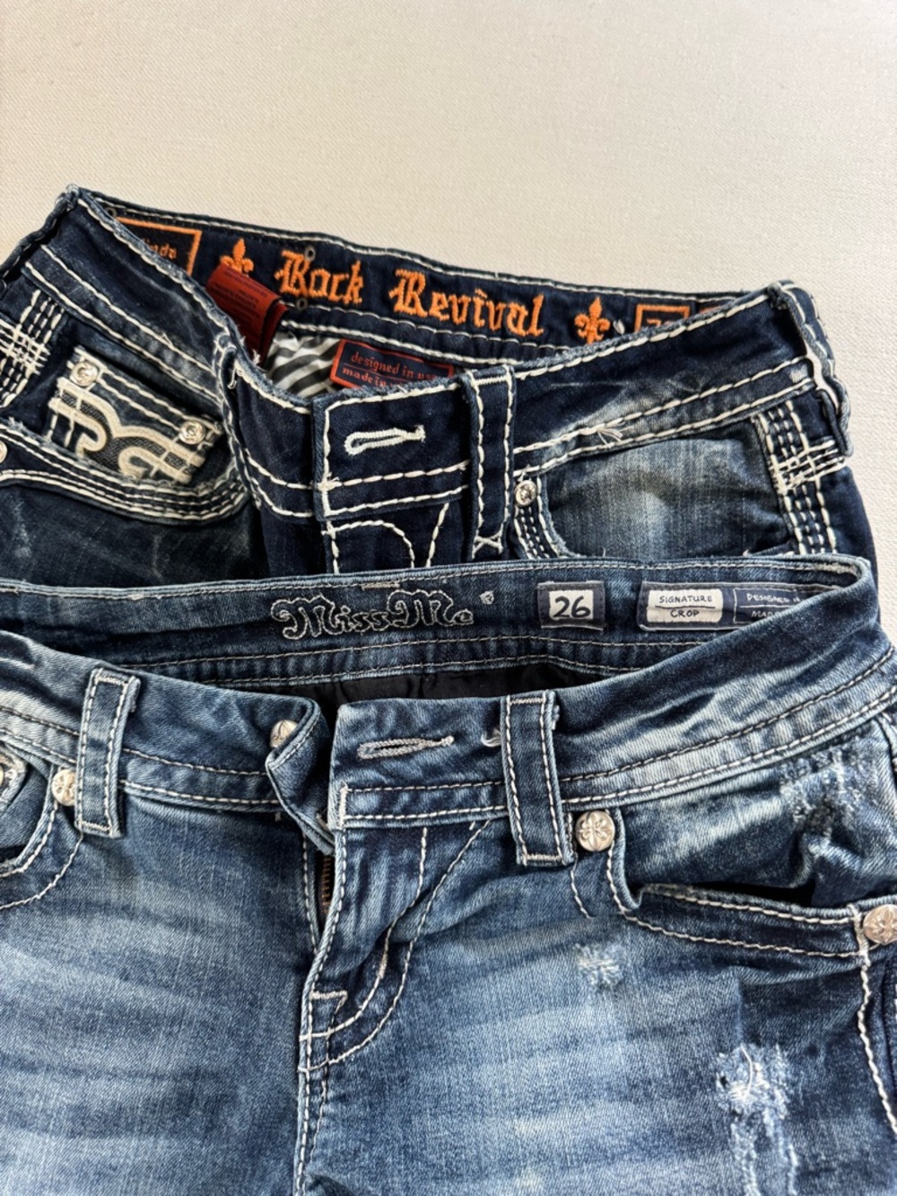 Rock Revival Dark Blue Denim Jeans with Orange Embroidery
